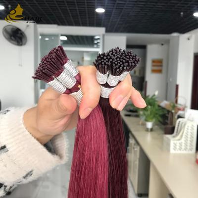 وصلات شعر بشري على شكل I-Tip، محاذاة بشرة الشعر، لون بورغ و 99J، وصلات شعر مفرودة