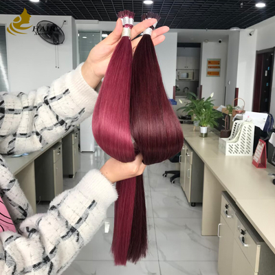وصلات شعر بشري على شكل I-Tip، محاذاة بشرة الشعر، لون بورغ و 99J، وصلات شعر مفرودة